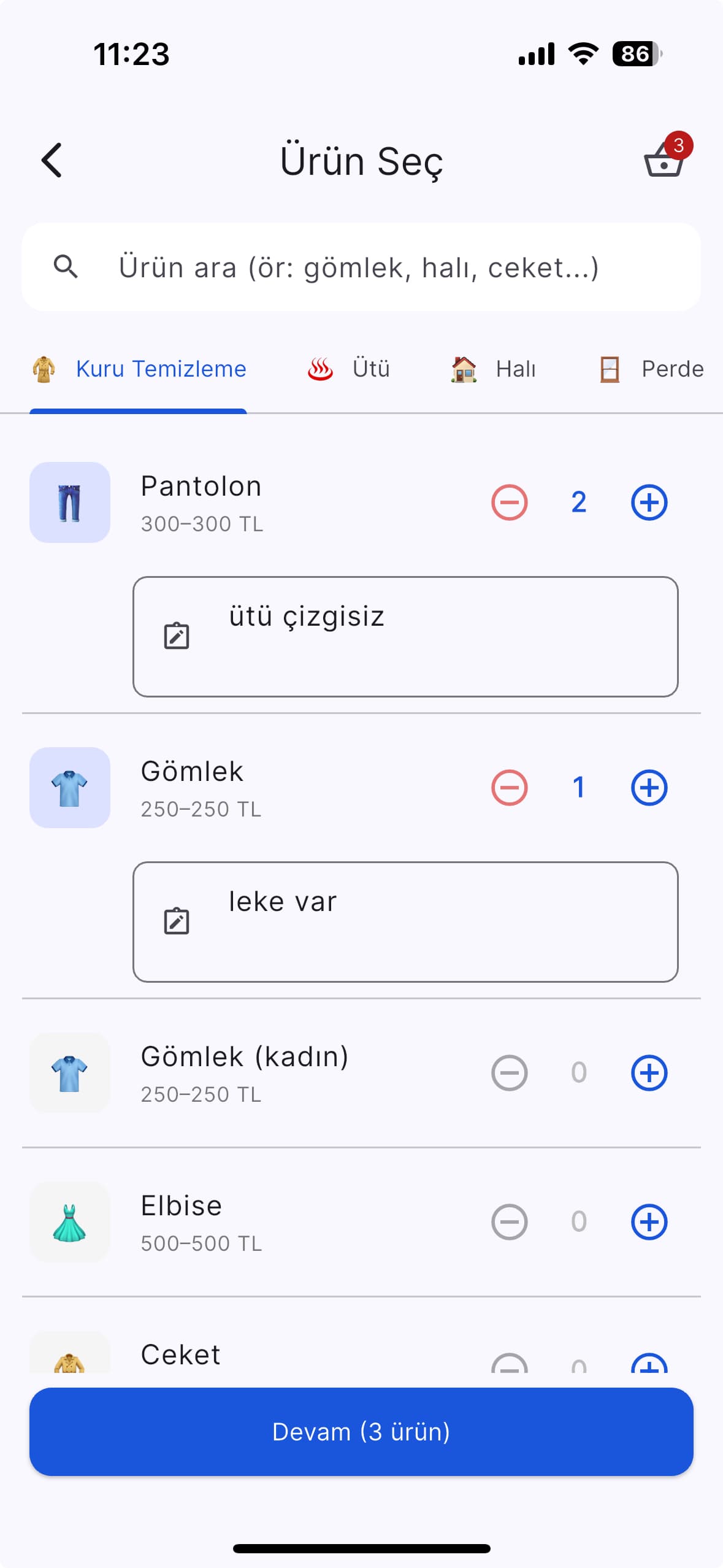 temizim.app hizmet ve ürün seçim ekranı